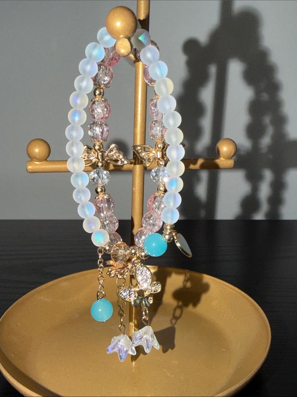 Beaded Charm Bracelet Set of (2)- Pink & Opalescent